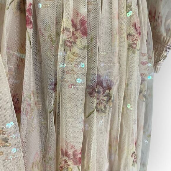 Needle & Thread Sequin Mini Dress with Sheer Sleeves in Dusty Mauve Pink Floral - Picture 8 of 15